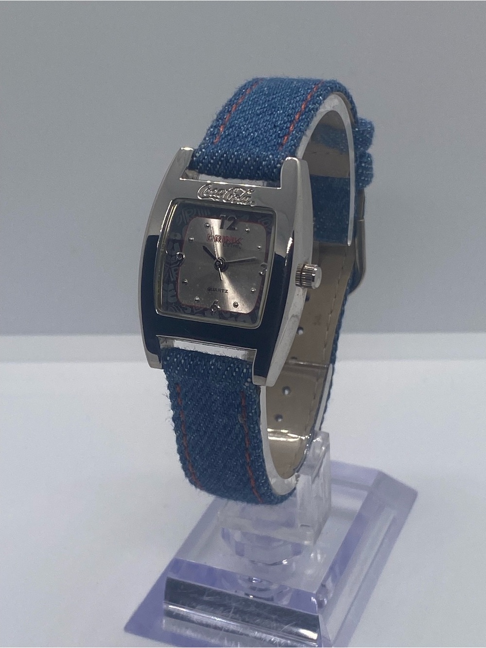 Coca-Cola Silver-Tone Watch with Blue Denim Strap.